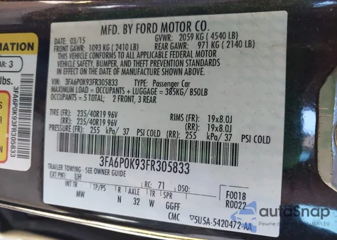 2015 Ford Fusion Titanium из США, поврежденный, VIN 3FA6P0K93FR305833